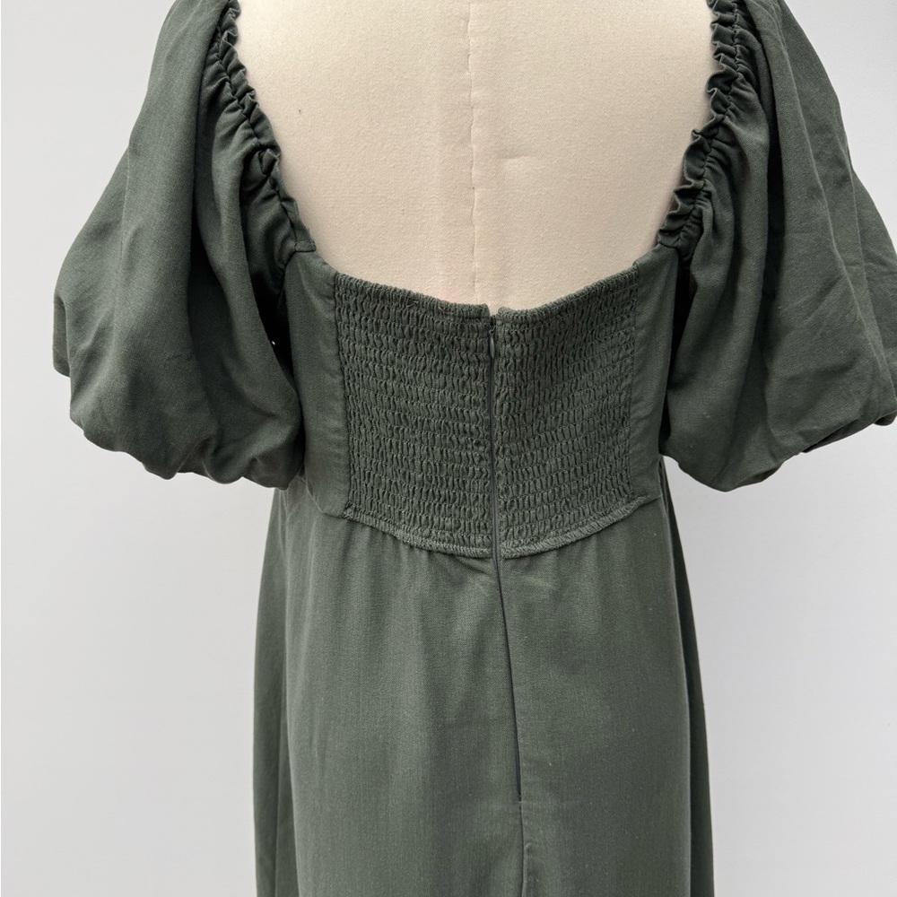 Mi Ami For Francesca’s Elegant Olive Green Puff Sleeve Midi Dress – Square Neck - Picture 8 of 15